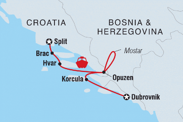 A red line showing the southbound route of Croatian Coastal Cruising from Split to Dubrovnik