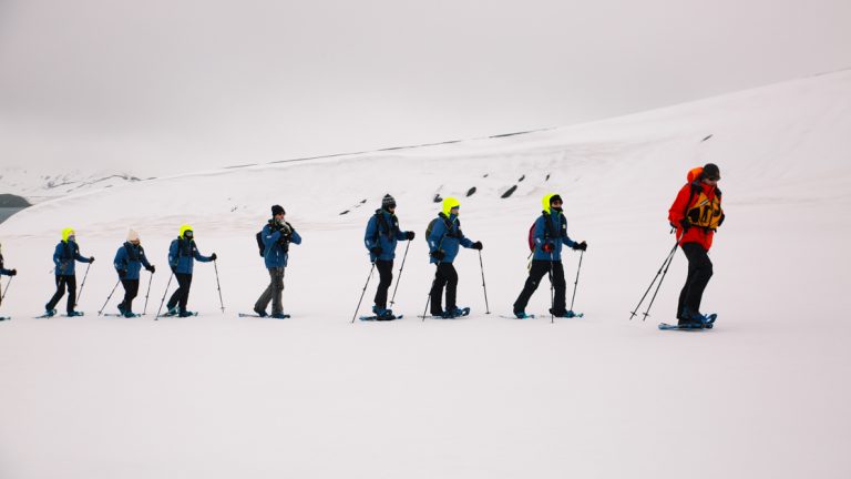 A group of Antarctica travelers wearing royal blue parkas walk on snow in a line wearing snow shoes and using hiking poles.