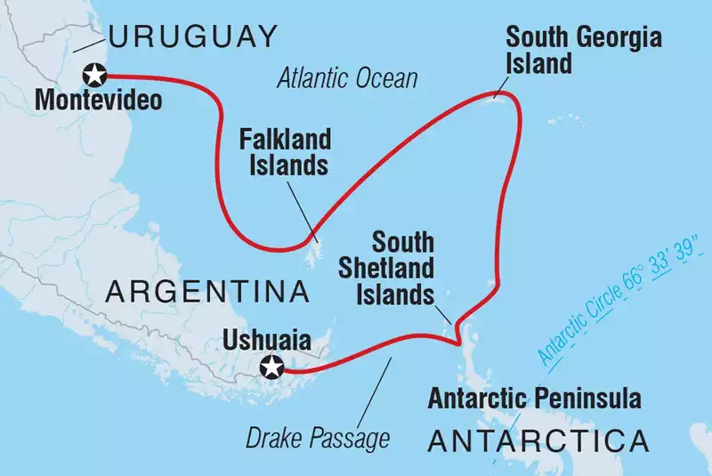 Route map of Shackleton's Antarctica, South Georgia & Falklands cruise from Montevideo, Uruguay to Ushuaia, Argentina.