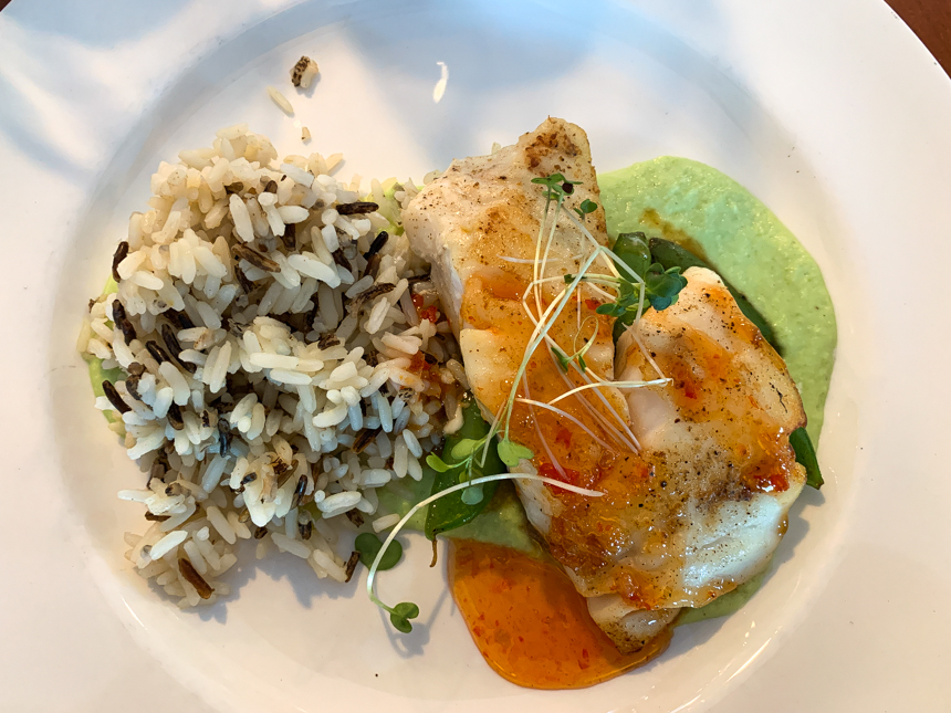 Cooked white fish on a bed of multigrain rice, orange and green sauces and topped with greens. 