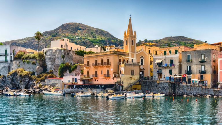 Marina Corta, smaller harbor in Lipari, the largest of the Aeolian Islands, Italy, seen on cruises around Sicily and Malta.