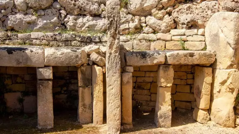 Built stone structures of the Ggantija megalithic temple complex from neolithic era, seen on cruises around Sicily and Malta.