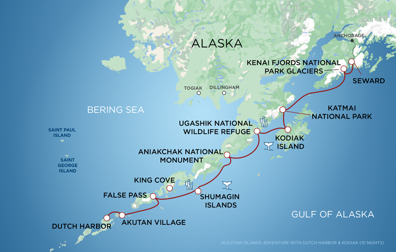 route map of Aleutian Islands Cruise with Kodiak, Katmai & Kenai between Seward and Dutch Harbor.