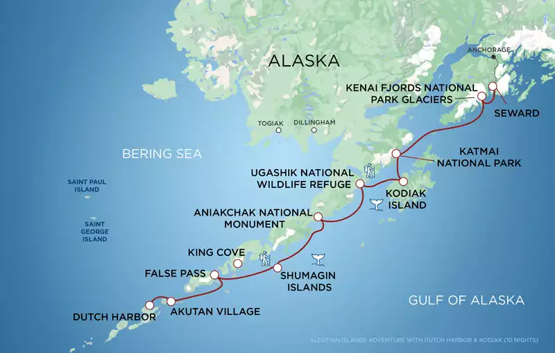 route map of Aleutian Islands Cruise with Kodiak, Katmai & Kenai between Seward and Dutch Harbor.