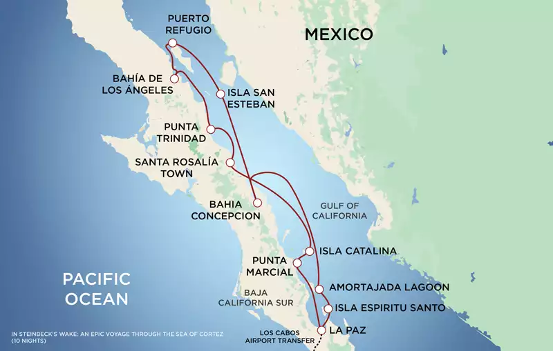 Route map of In Steinbeck's Wake: An Epic Voyage Through the Sea of Cortez cruise, round-trip from La Paz, Mexico, with visits along the Baja side of the Gulf of California.