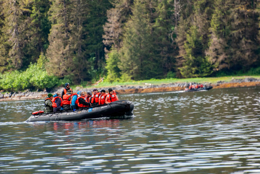 2 Zodiac boats with guests in orange life vests travel in calm water by green forested shoreline on a Lindblad Alaska cruise.