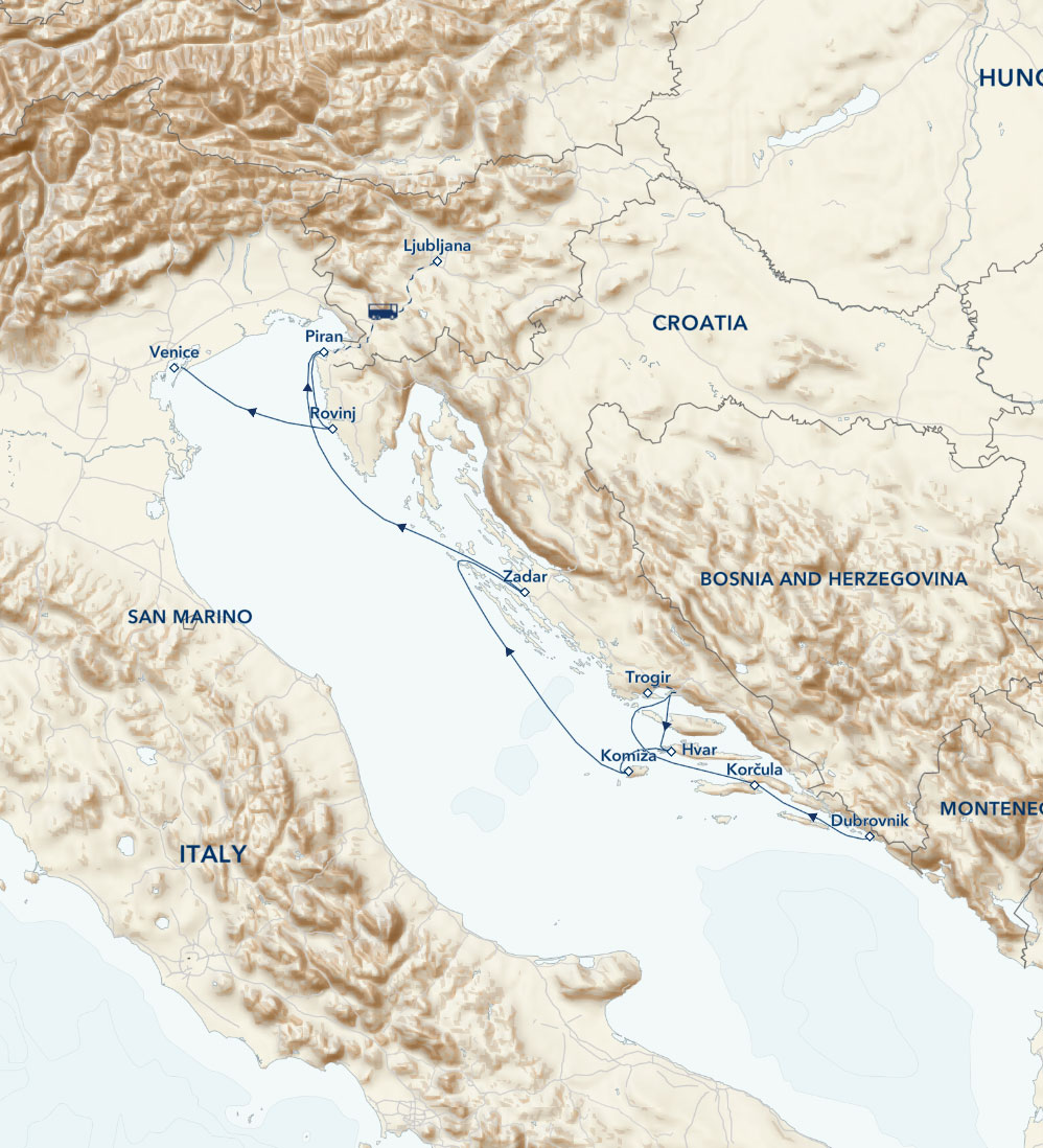 Route map of northbound Coastal Gems of Croatia & Slovenia Aboard Sea Cloud II cruise from Dubrovnik to Venice plus a visit to Slovenia.
