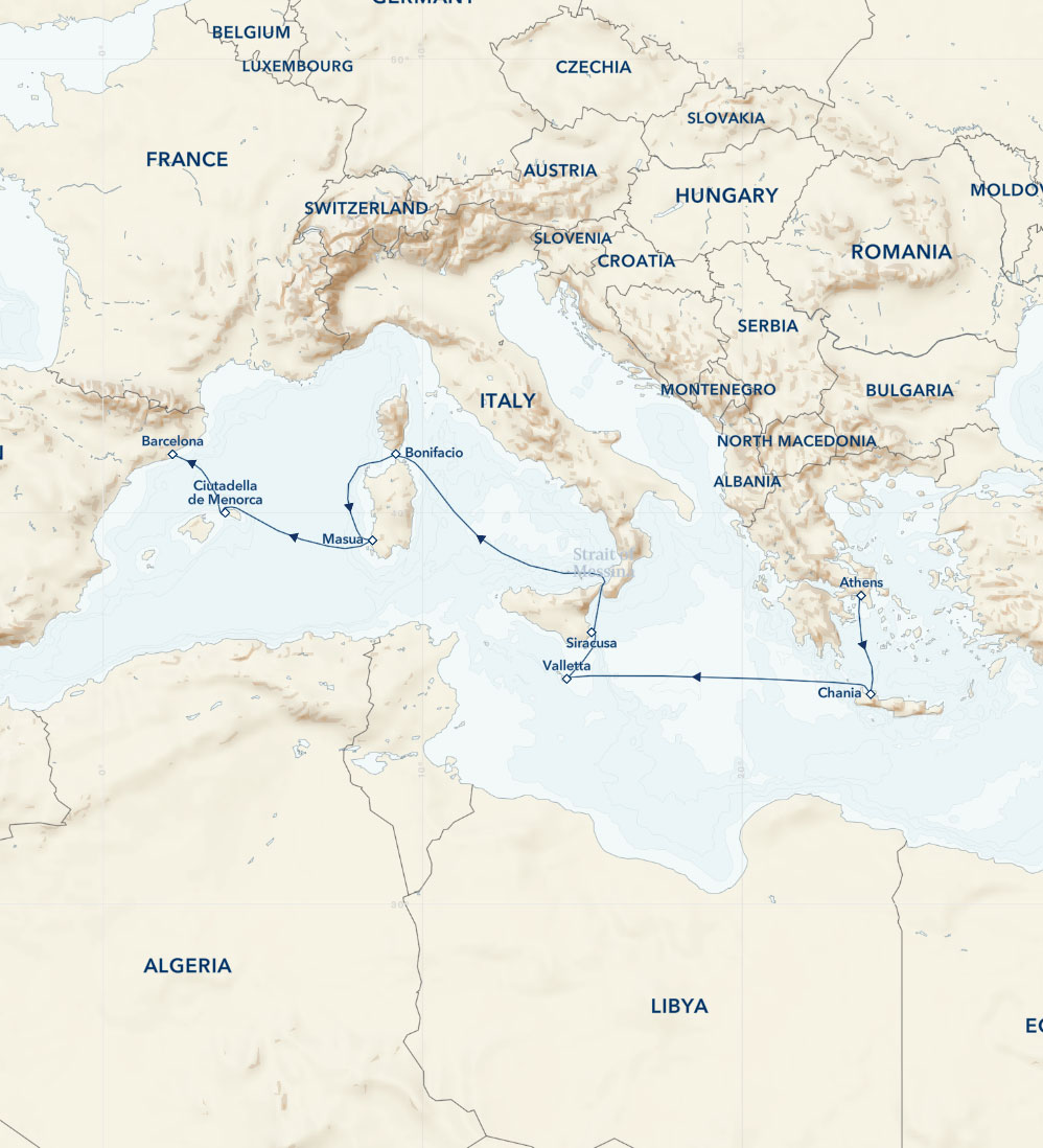 Route map of Crossroads of the Mediterranean cruise between Barcelona, Spain & Athens, Greece with visits to Malta, Italy & Corsica (France).