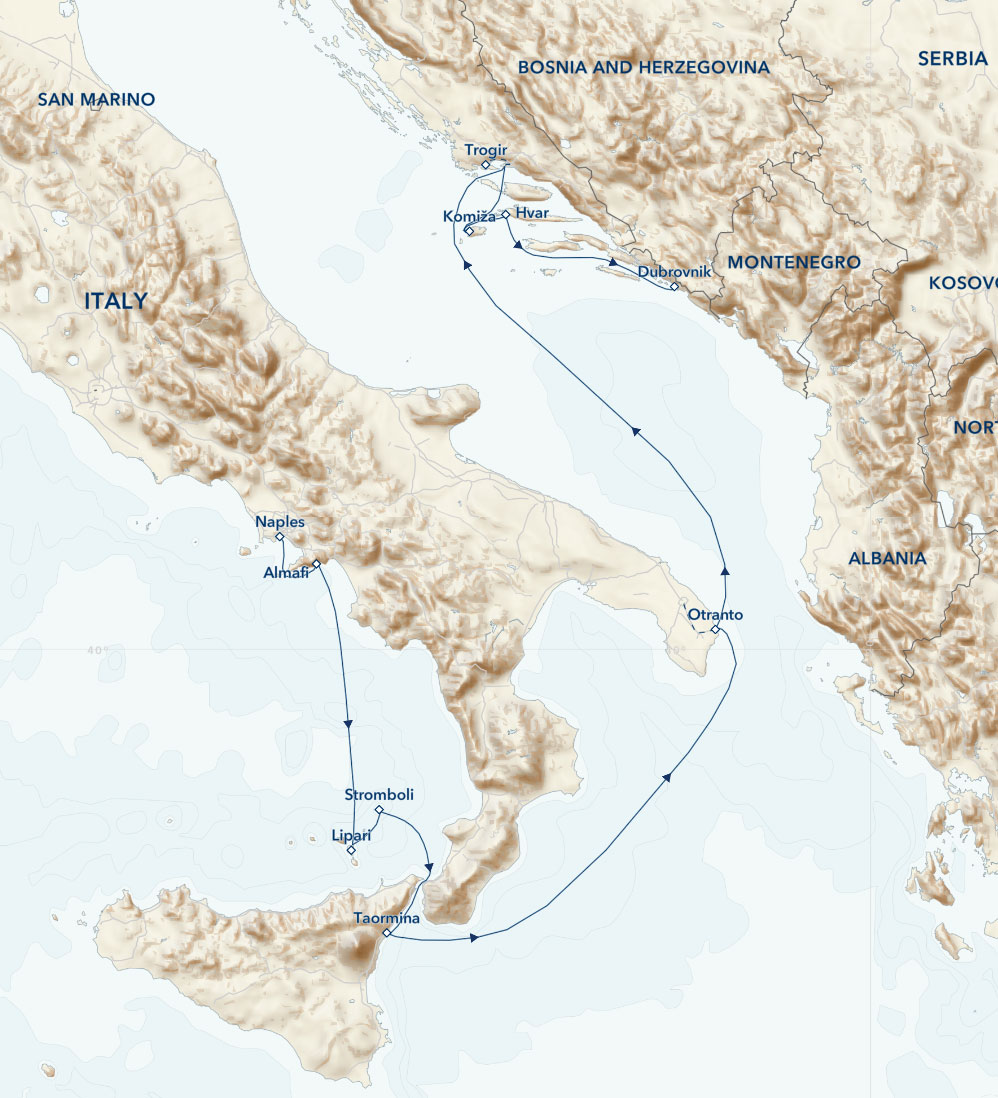 Route map of navigating southern Italy & coastal Croatia aboard Sea Cloud II cruise from Naples to Dubrovnik.