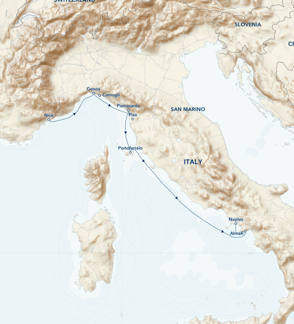 Route map of Northern Italy Under Sail cruise from Nice, France to Naples, Italy with visits to Genoa, Camogli, Pisa, Portoferraio & Amalfi.