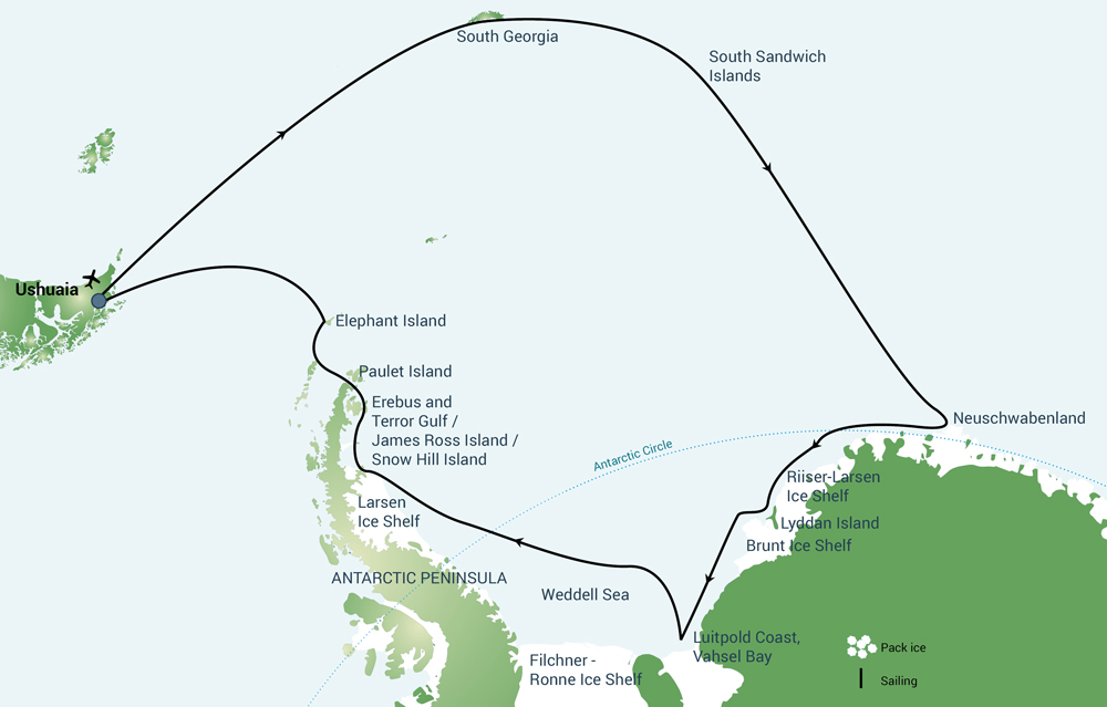 Route map of Remote Weddell Sea Explorer Cruise, round-trip from Ushuaia, Argentina, that retraces Shackleton's famous voyage.