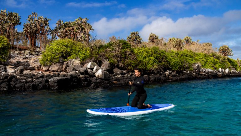 Woman in full black wetsuit kneels on blue stand-up paddleboard, paddling past rocky island shore full of cacti & shrubs.
