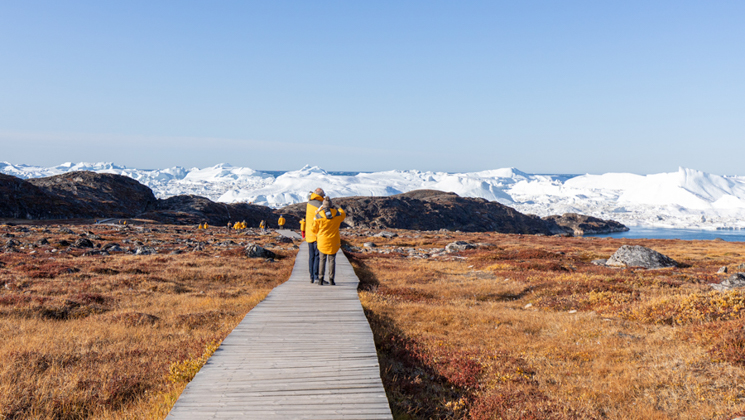 Greenland glacier cruise travelers walk boardwalk over gold tundra towards large white glacier in distance on a sunny day.