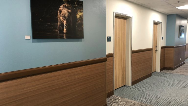 Hallway of Kodiak Compass Suites with blue & white walls with wood wainscotting, multicolored carpet & brown bear photo.