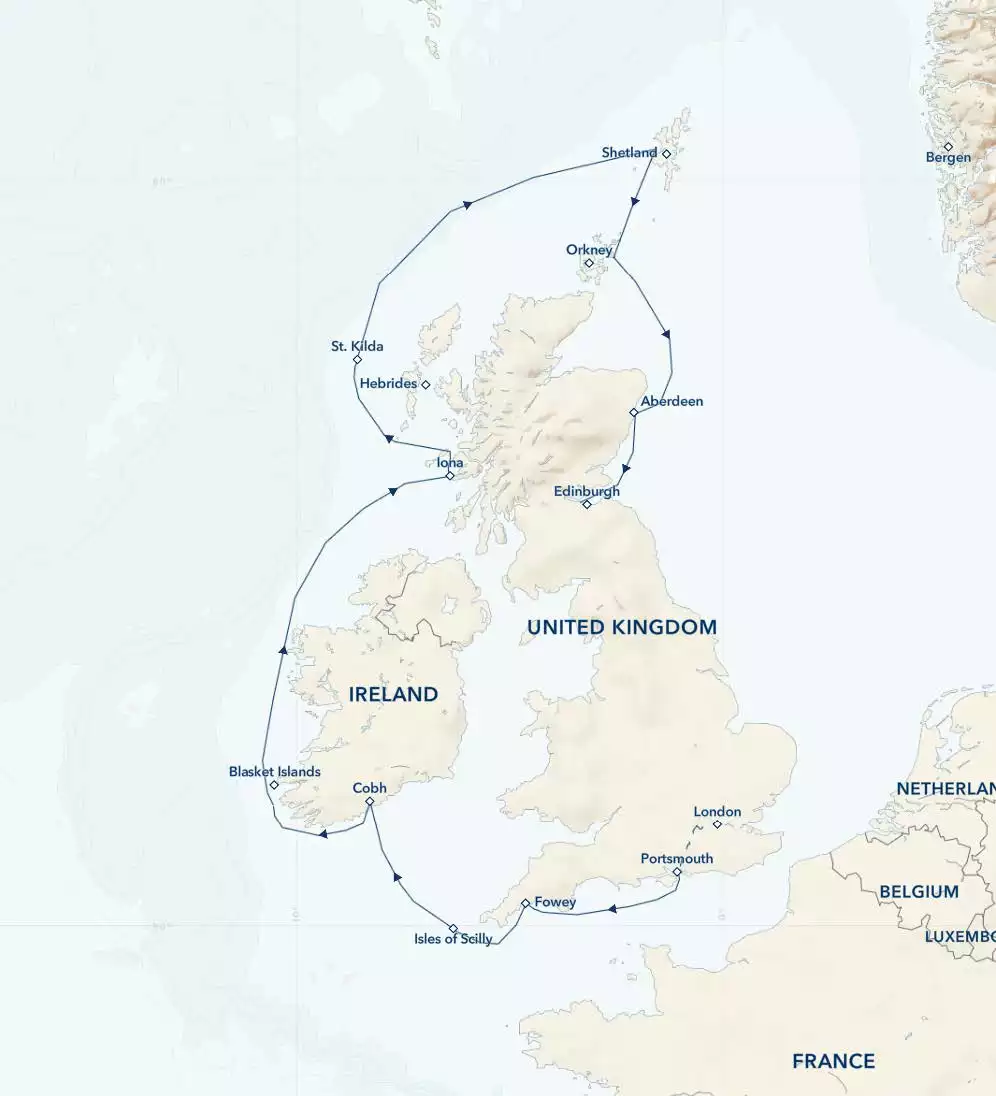 Route map of Ancient Isles: England, Ireland & Scotland cruise northbound from London to Edinburgh with visits along all 3 countries.