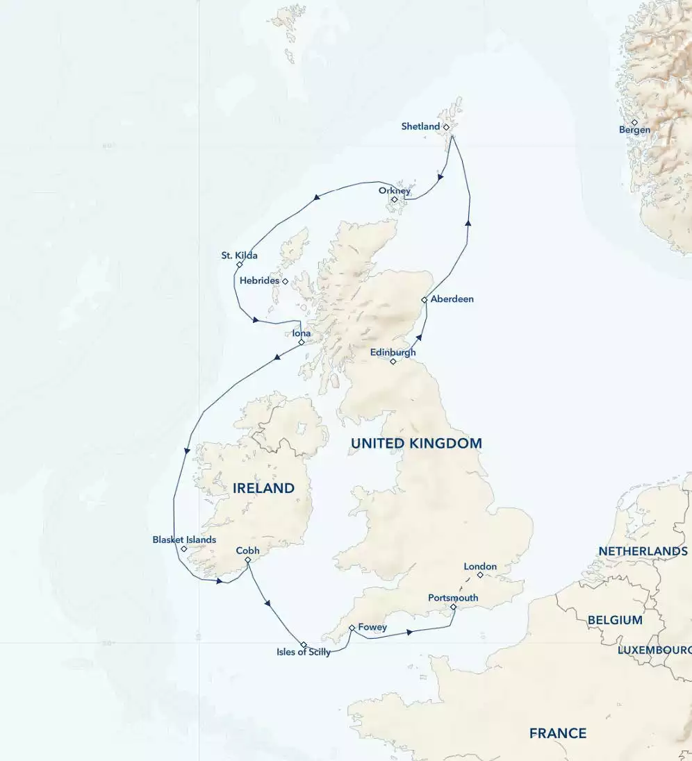 Route map of Ancient Isles: England, Ireland & Scotland cruise southbound from Edinburgh to London with visits along all 3 countries.