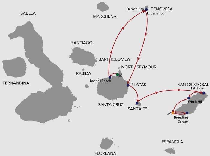 Galapagos cruise route map showing visits to Baltra, San Cristobal, Santa Cruz, Genovesa, South Plaza and Santa Fe islands.