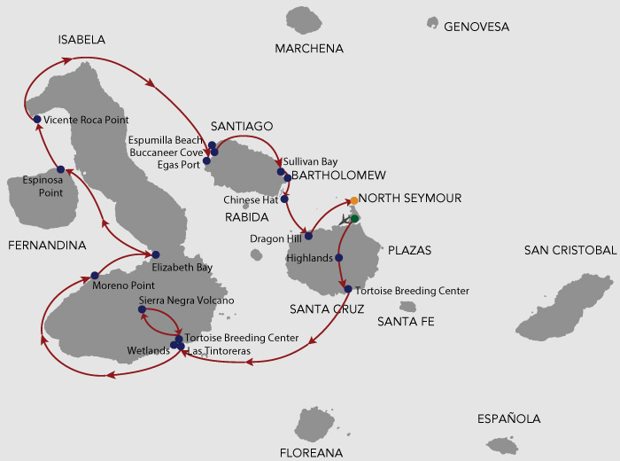 Galapagos cruise route map showing visits to Santa Cruz, Baltra, Isabela, Fernandina, Santiago, Bartolome and North Seymour islands. 