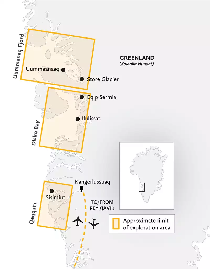 Route map of Gems of West Greenland cruise with bookend round-trip flights to start & end in Reykjavik, Iceland.