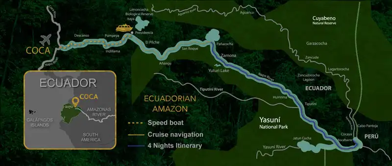Route map of 5-day Manatee & Anakonda Amazon cruise down the Napo River from Panacocha to Rocafuerte on the Peruvian border.