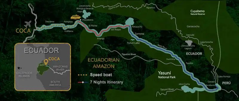 Route map of 8-day Manatee & Anakonda Amazon cruise down the Napo River from Coca to Rocafuerte on the Peruvian border.