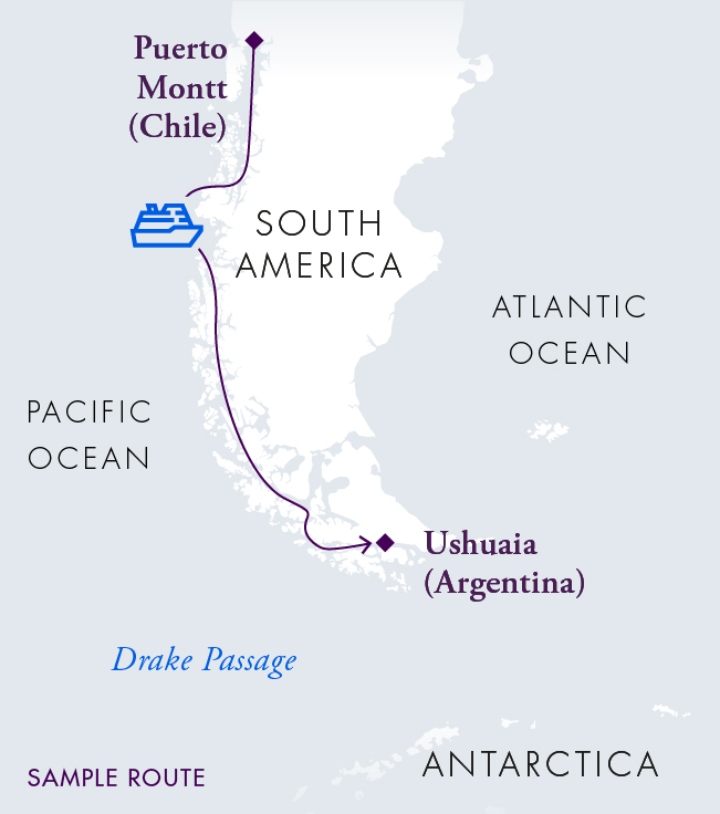 Route map of main Patagonian & Chilean Fjords Wilderness Expedition cruise from Puerto Montt, Chile to Ushuaia, Argentina.
