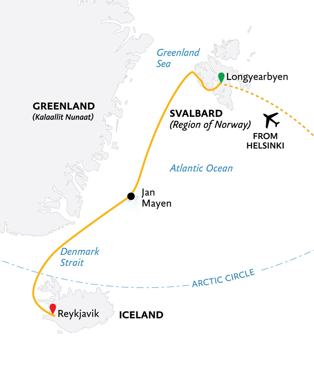 Route map if Ultimate Arctic Voyage from Helsinki, Finland by plane to embark Longyearbyen, Svalbard, cruise to Jan Mayen & disembark in Reykjavik, Iceland.