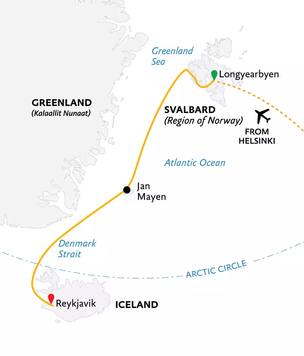 Route map if Ultimate Arctic Voyage from Helsinki, Finland by plane to embark Longyearbyen, Svalbard, cruise to Jan Mayen & disembark in Reykjavik, Iceland.