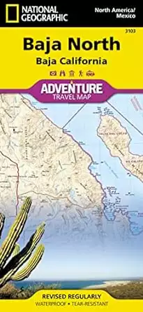 A thumbnail of the cover of National Geographic Adventure Map, Baja California North with a yellow title, an insert image of the map and a photograph of a large green cactus over a blue sea, white sand beach and desert landscape. 