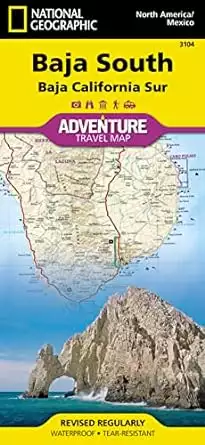 A thumbnail of the cover of National Geographic Adventure Map, Baja California Sur with a yellow title, an insert image of the map and a photograph of a white rock arch over a blue sea.  