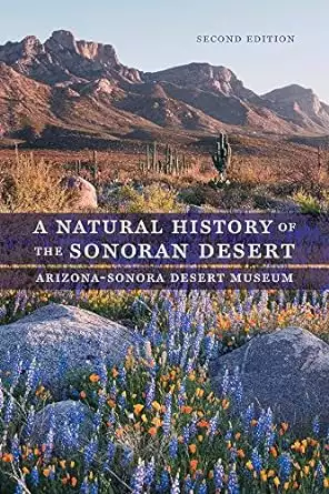 Book cover of a Natural History of the Sonoran Desert with purple and yellow flowers among rocks in the foreground with green cactus and brown desert landscape and mountains on the horizon. 