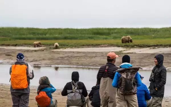 A group of travelers stands in front of a river with Alaska brown bears on the other side.