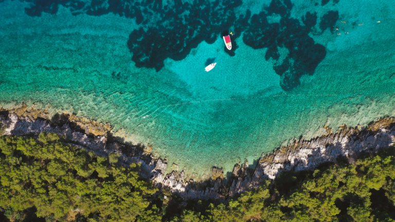 Aerial view looking down onto turquoise waters with Zodiac & swimmers beside green forested shoreline with white rocks in Croatia.