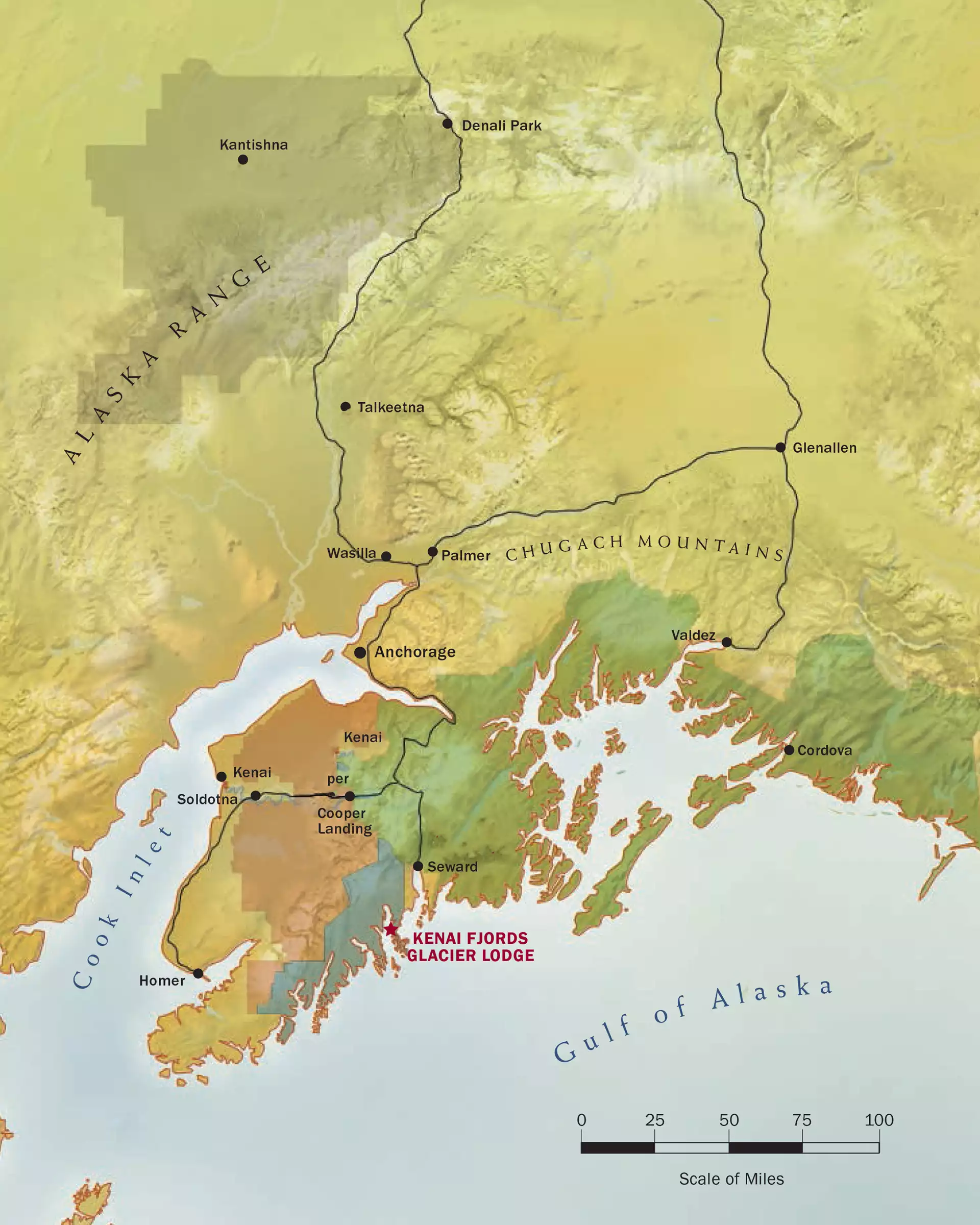 Location map of Kenai Fjords Glacier Lodge in southcentral Alaska.