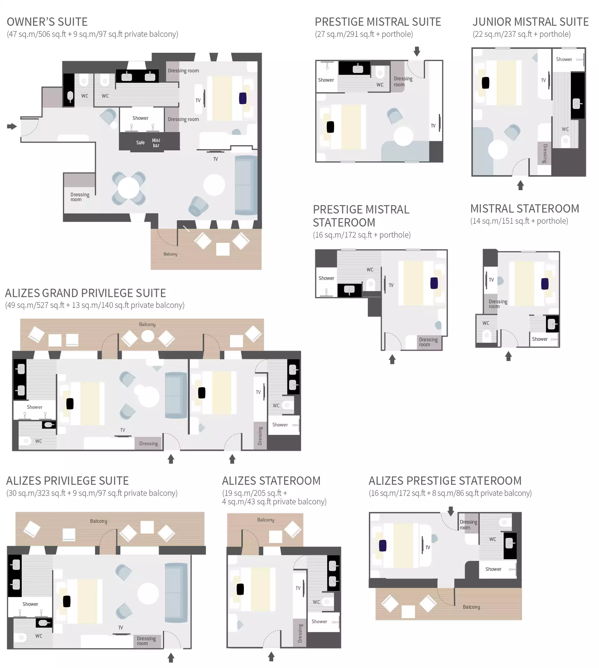 Overhead layout of 9 cabin categories showing placement of beds, bathrooms & more on Le Ponant cruise ship.