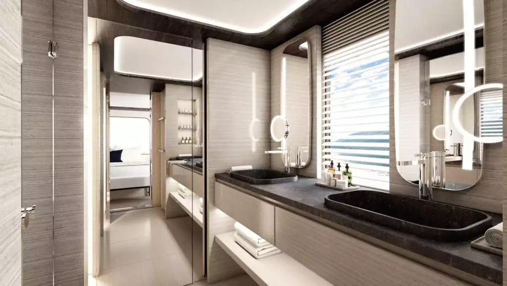 Owner's Suite bathroom aboard Le Ponant. Photo by: Ponant