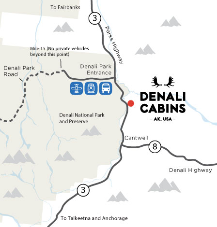 Map showing location of Denali Cabins in Alaska, just south of entrance to the park & north of Cantwell along the Parks Highway.