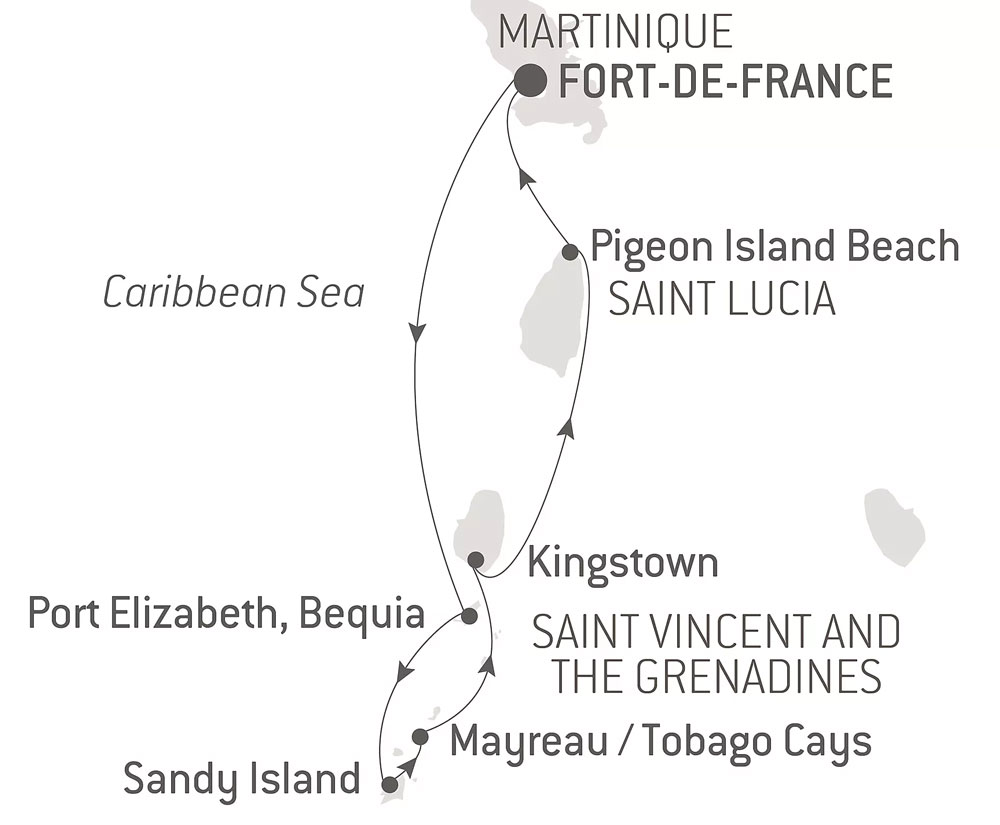 Route map of The Caribbean Under Sail Aboard Le Ponant cruise, round-trip from Fort-de-France, Martinique, with visits to Saint Lucia & Saint Vincent & The Grenadines.