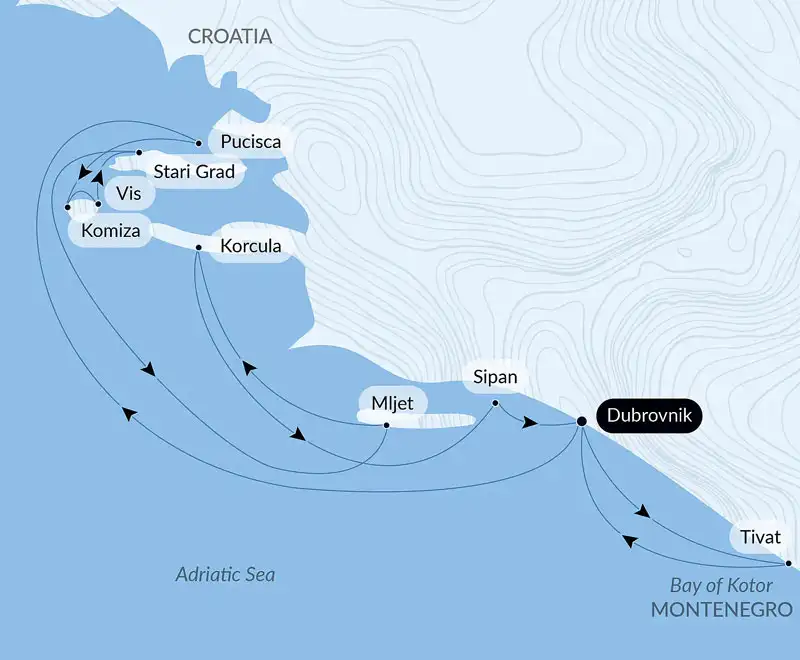 Route map of 2025 Croatia, Under Sail Aboard Le Ponant cruise round-trip from Dubrovnik with visits to Stari Grad, Vis, Pucisca, Korcula, Komiza, Mljet, Sipan & the Bay of Kotor.