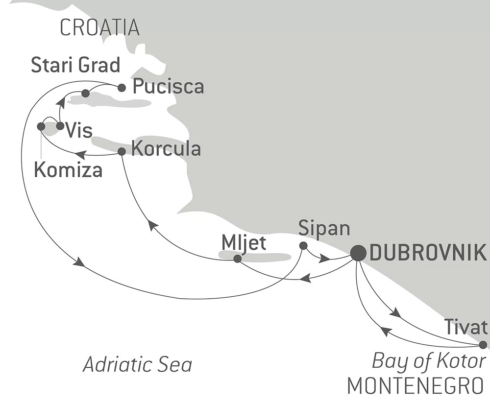 Route map of Croatia, Under Sail Aboard Le Ponant cruise round-trip from Dubrovnik with visits to Stari Grad, Vis, Pucisca, Korcula, Komiza, Mljet, Sipan & the Bay of Kotor.