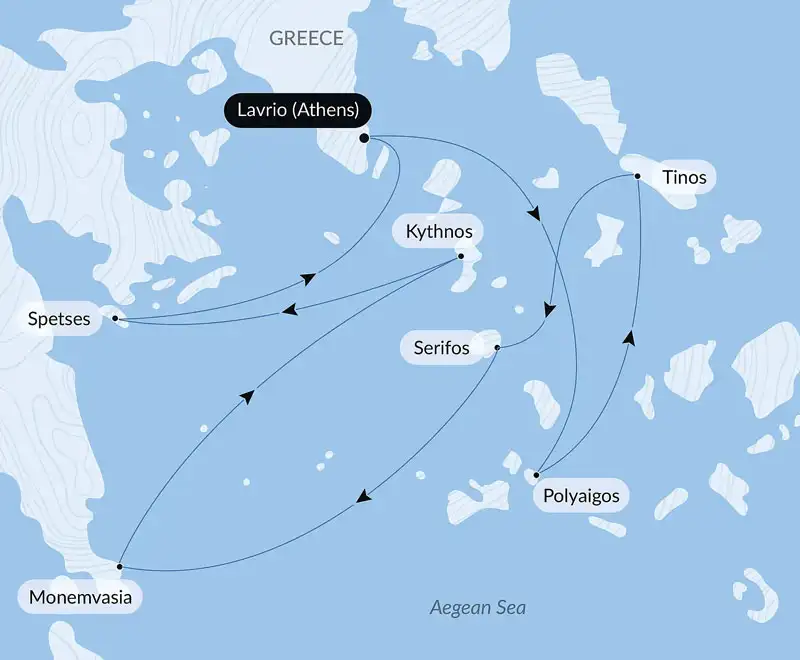 Route map of The Cyclades in the Wake of Le Ponant cruise, round-trip from Lavrio near Athens, Greece, with visits to Tinos, Polyaigos, Serifos, Monemvasia, Kythnos & Spetses.