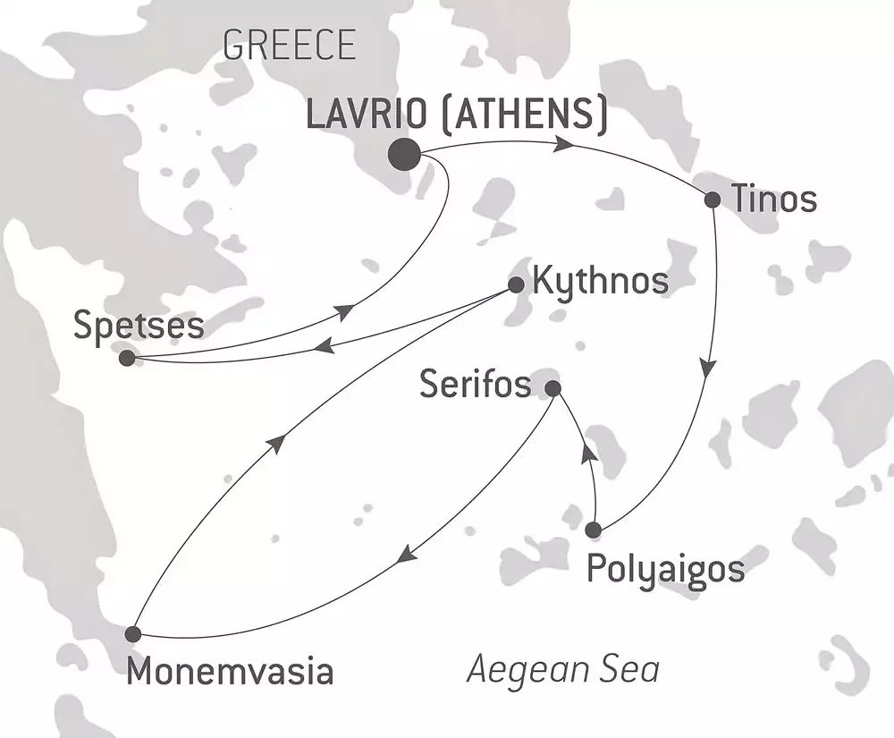 Route map of The Cyclades in the Wake of Le Ponant cruise, round-trip from Lavrio near Athens, Greece, with visits to Tinos, Polyaigos, Serifos, Monemvasia, Kythnos & Spetses.