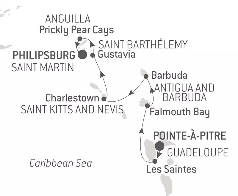 Route map of northbound History & Culture: Visiting Caribbean Jewels cruise from Point-a-Pitre, Guadeloupe to Philipsburg, Saint-Martin.