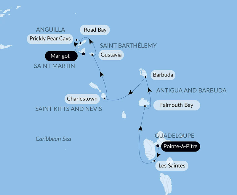 Route map of northbound History & Culture: Visiting Caribbean Jewels cruise from Point-a-Pitre, Guadeloupe to Philipsburg, Saint-Martin.