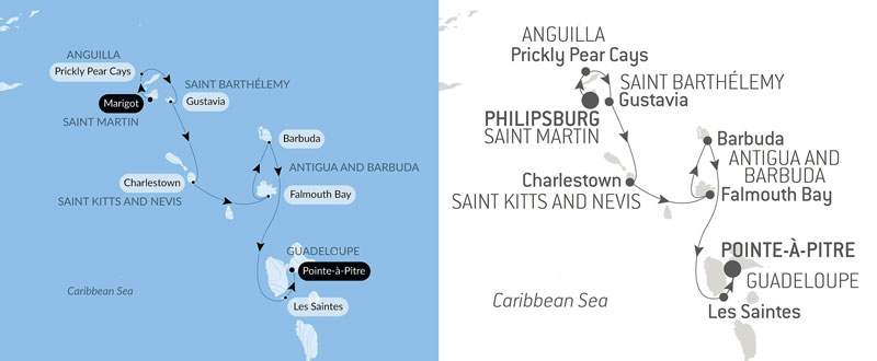 Route map of southbound History & Culture: Visiting Caribbean Jewels cruise from Marigot or Philipsburg, Saint-Martin to Point-a-Pitre, Guadeloupe.