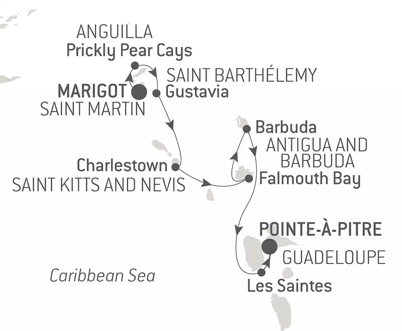 Route map of southbound History & Culture: Visiting Caribbean Jewels cruise from Marigot, Saint-Martin to Point-a-Pitre, Guadeloupe.