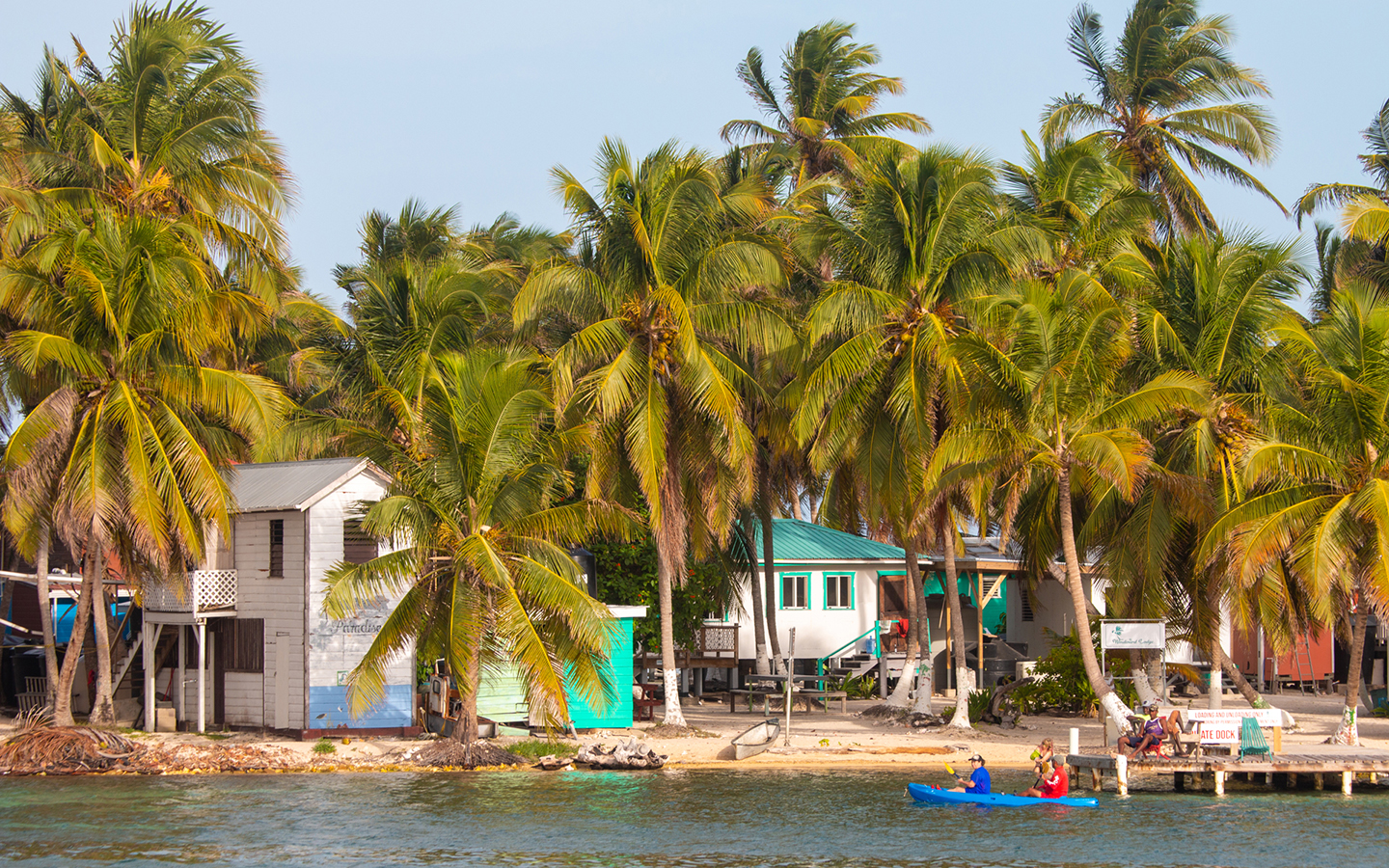 Palm trees and bright colored houses line the shoreline of a sandy island in Belize, people in a double kayak paddle by.
