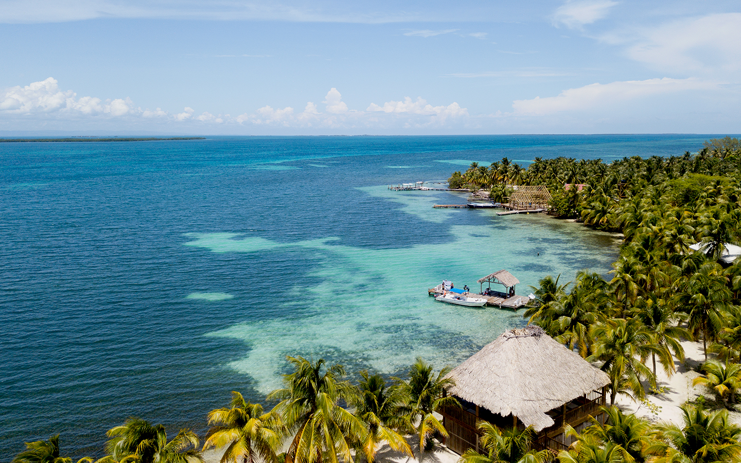 A bright sunny day in Belize with blue clear sky, crystal clear calm ocean and an island shoreline of dense palm trees.