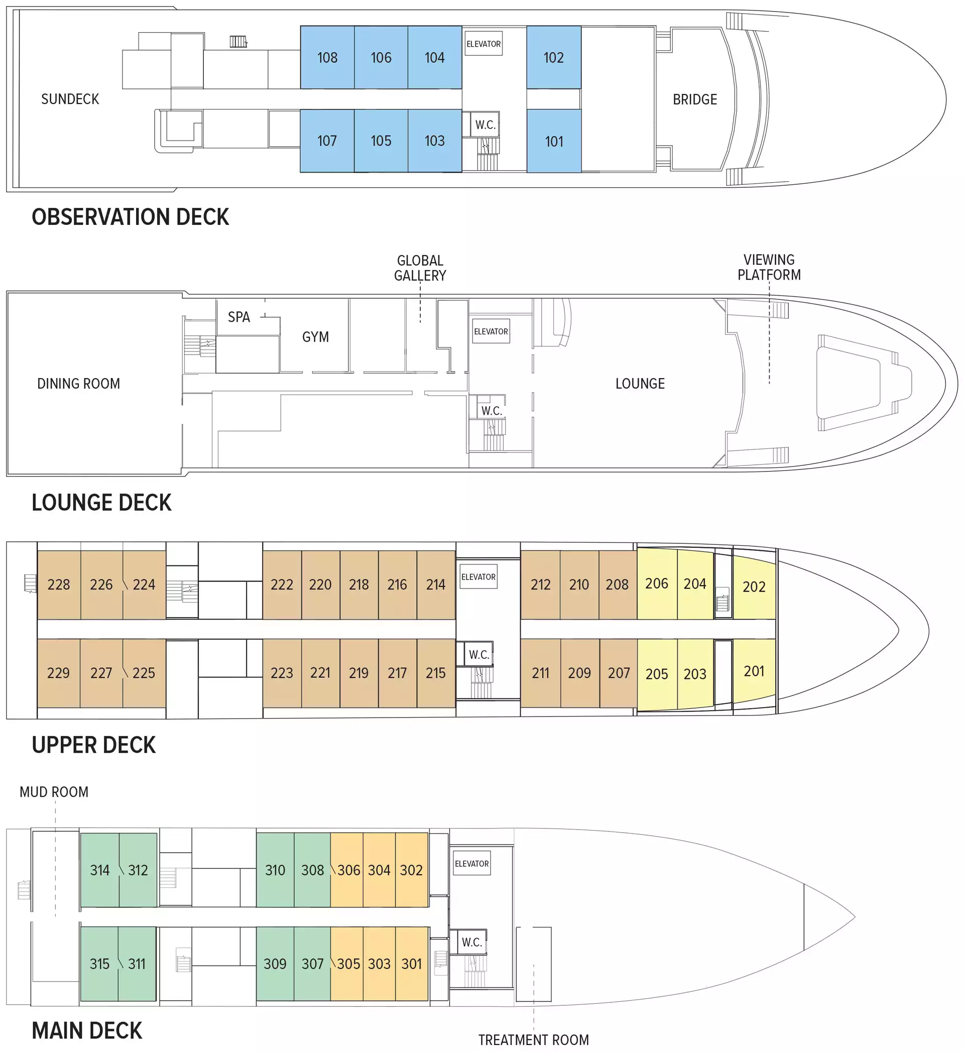 Deck plan detailing Main Deck, Upper Deck, Lounge Deck, and Observation Deck of National Geographic Venture & Nat Geo Quest expedition ships