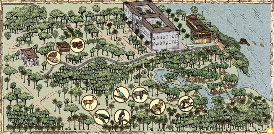 Map of park surrounding Hotel del Parque in Guayaquil, Ecuador, with spots for deer, leopards, monkeys, cacao, coffee & more.